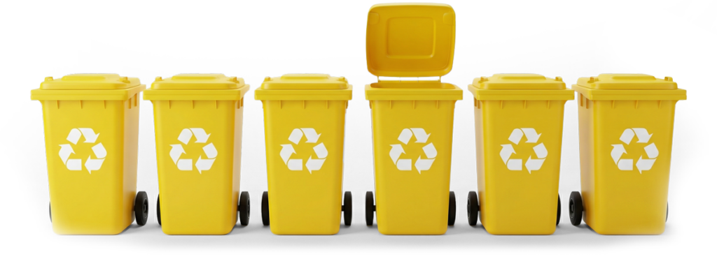 Gelbe Mülltonne mit Recycling Aufdruck